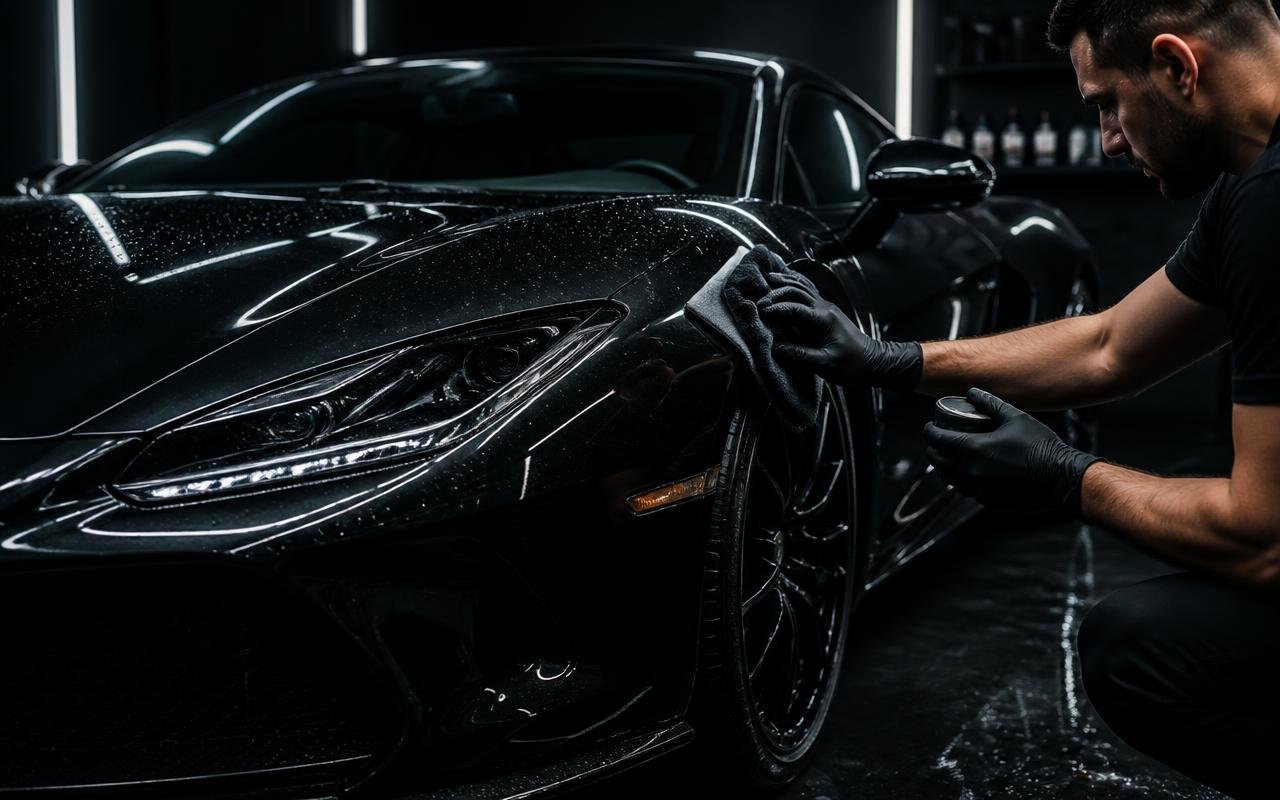 Black sports car being detailed in a dark studio representing the AutoGlow car detailing demo project