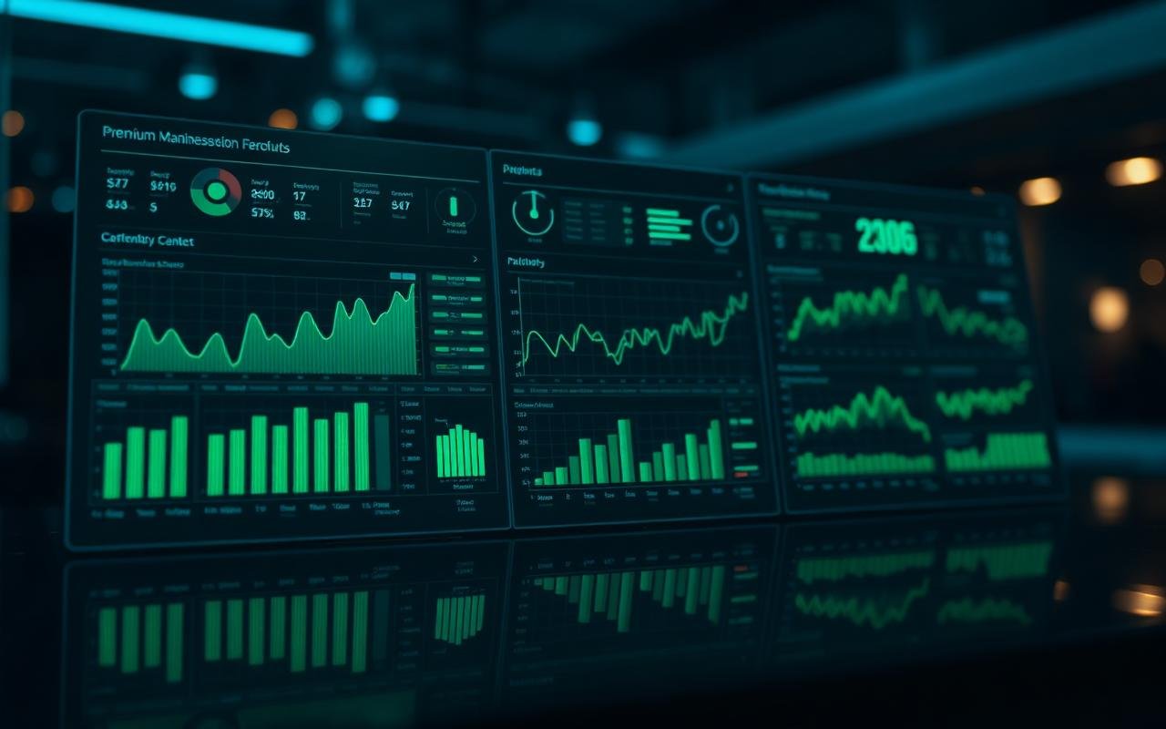 Dark analytics dashboard screens glowing green representing the BusinessFlow business management demo project