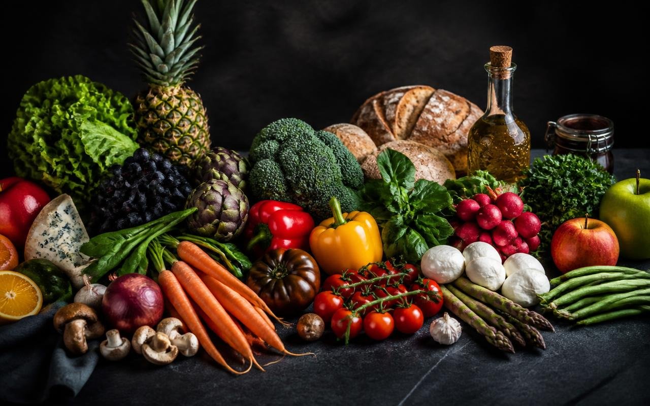 Fresh groceries arranged on a dark surface representing the FreshCart grocery e-commerce demo project