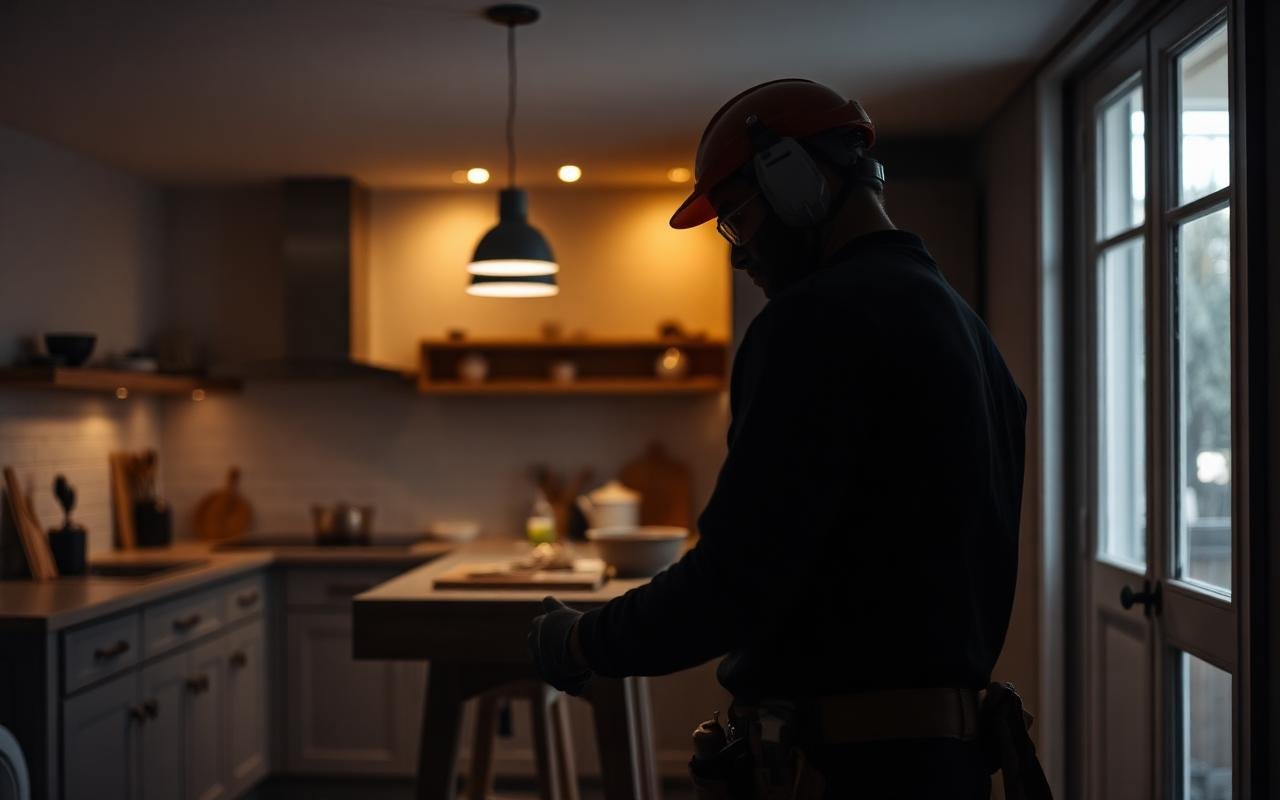 Contractor working in a partially renovated kitchen representing the HomePeak Pro renovation demo project