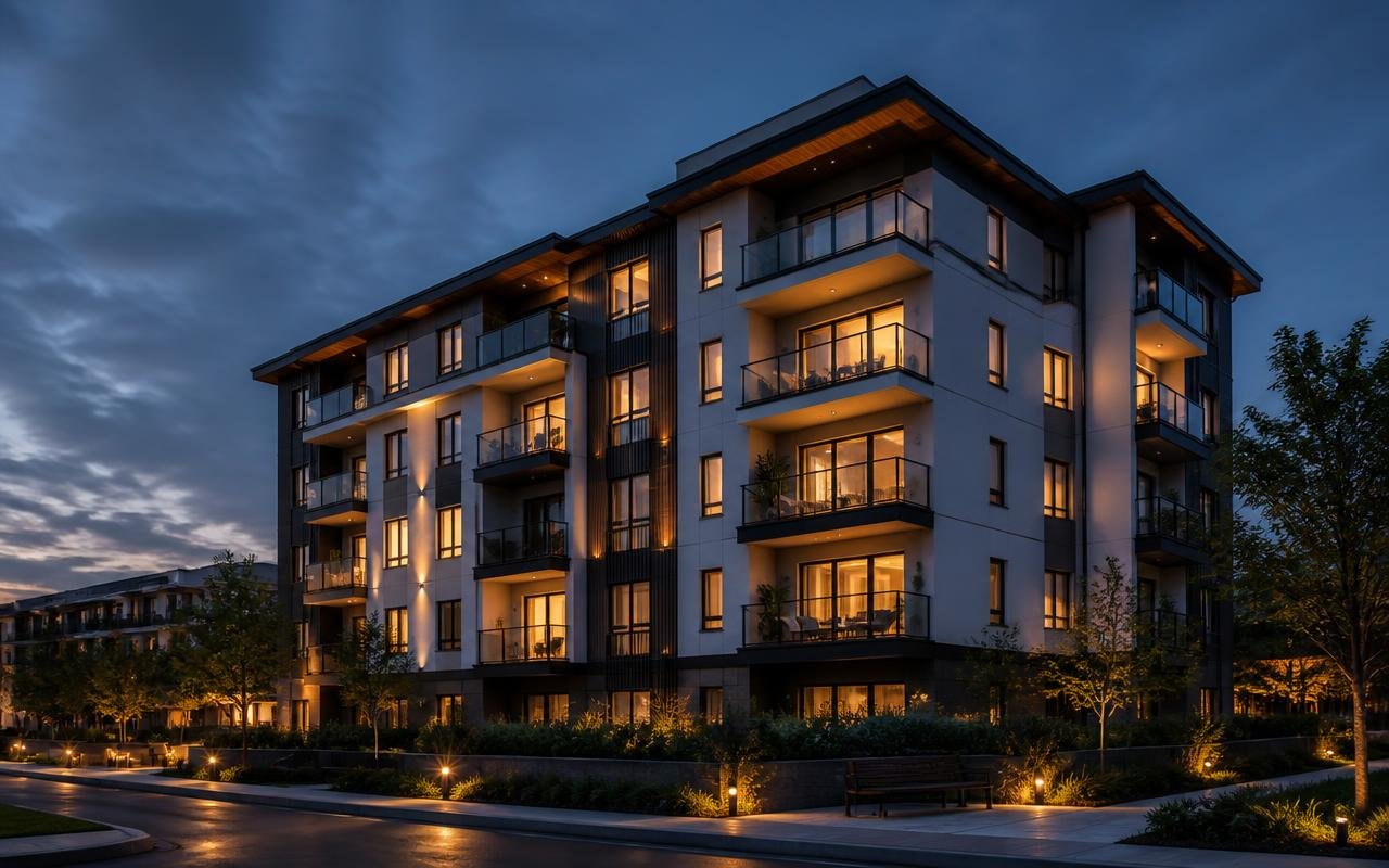 Modern apartment building at dusk representing the RentalHub rental platform demo project