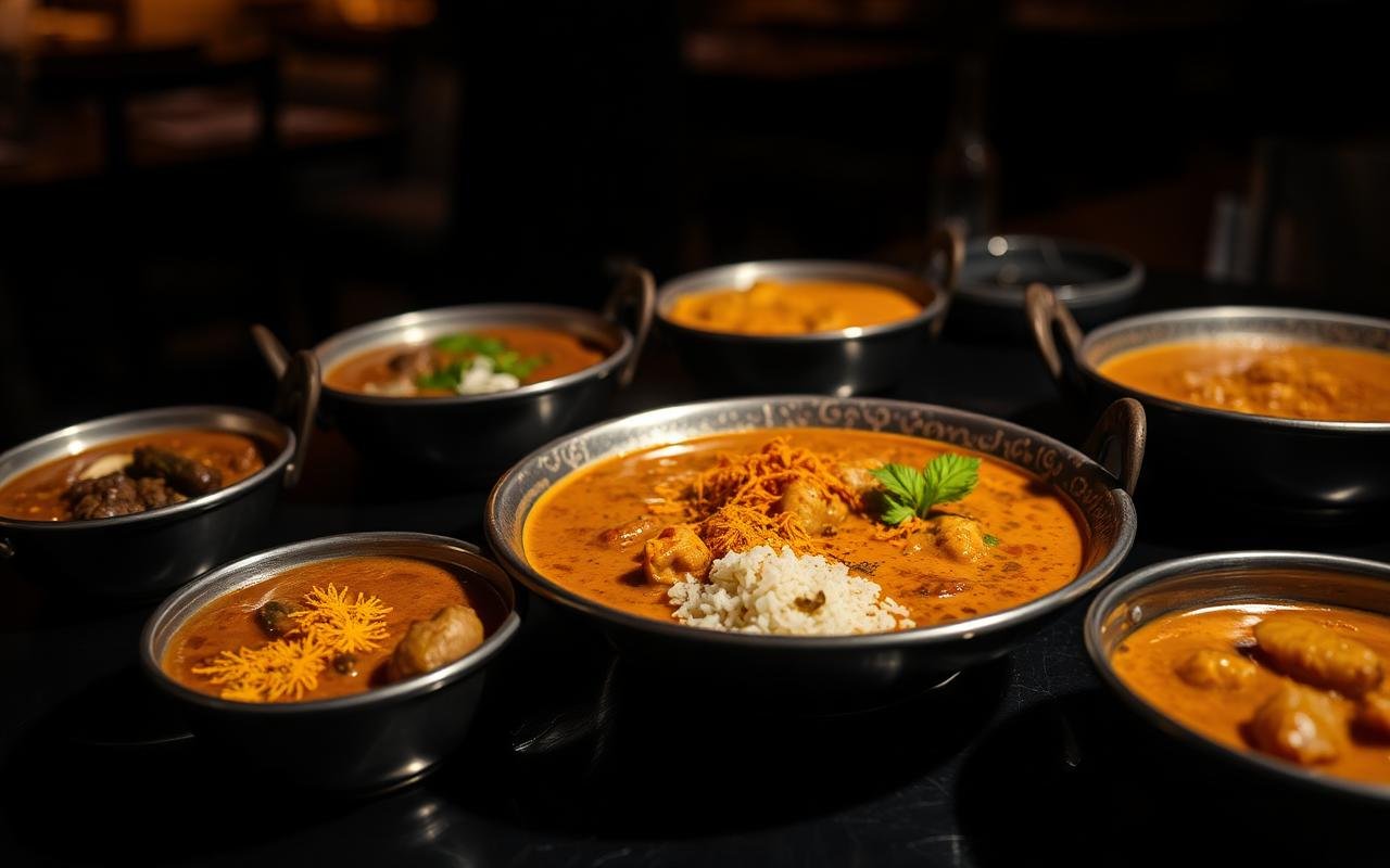 Richly lit curry dishes served in copper bowls representing the Saffron & Spice restaurant demo project