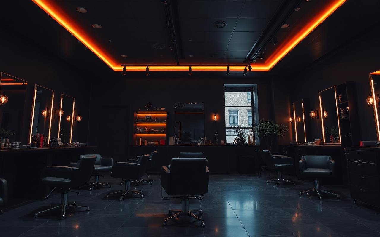 Dark, warmly lit modern hair salon interior representing the Salon beauty business demo project